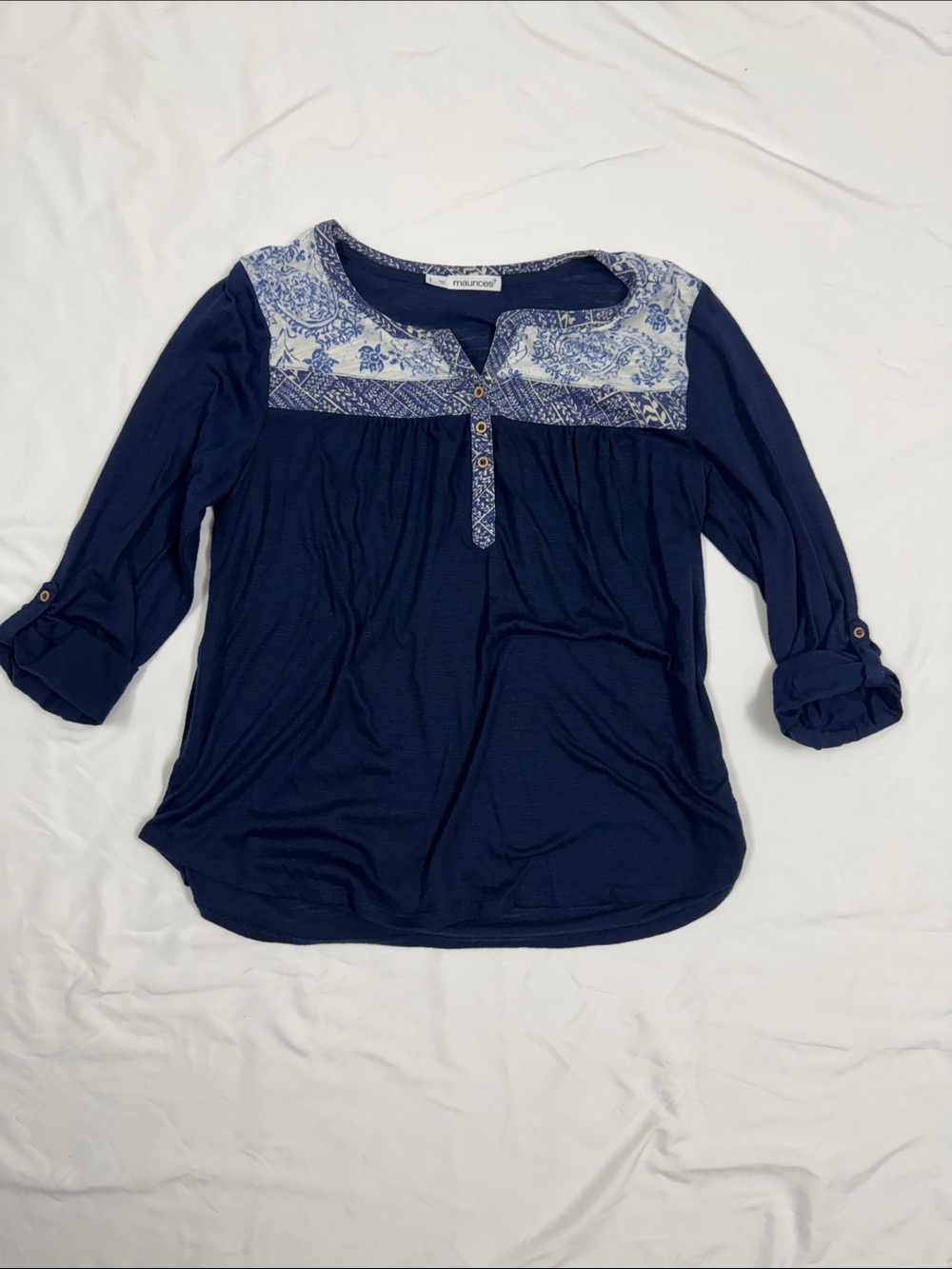 Maurices Navy Blue Henley Yoke Top with Printed Accent